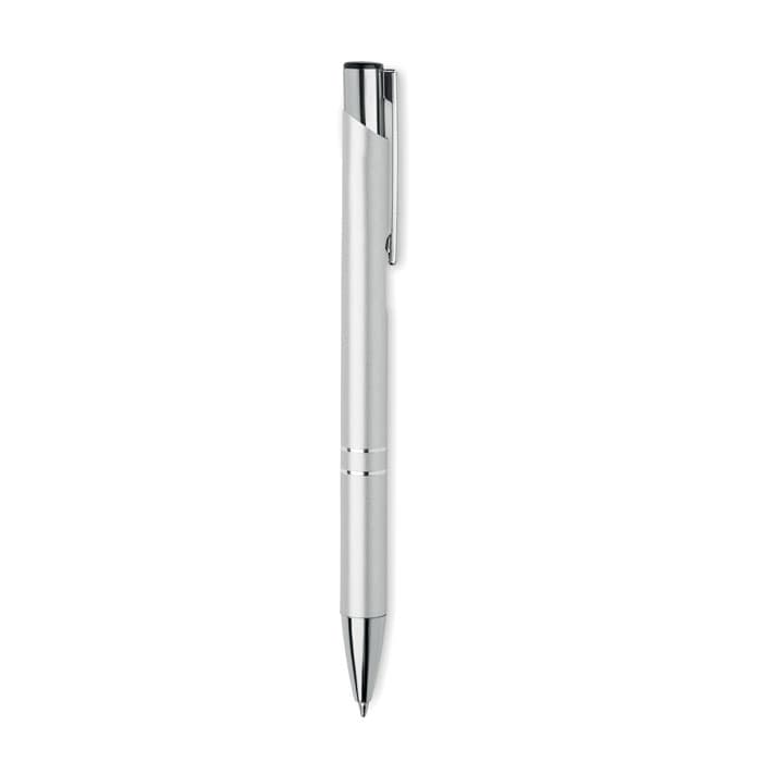 A silver pen with a chrome clip and detailing, featuring a sleek and modern design.