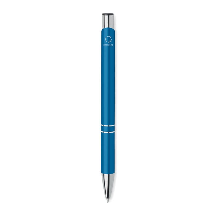 A blue pen with a shiny silver clip and dual white stripes on its barrel. It features a logo on the clip.