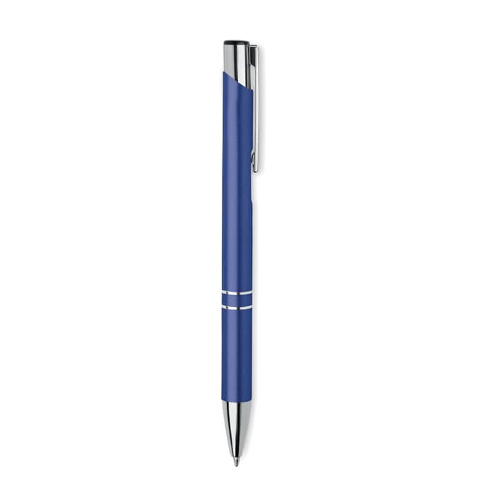 A blue pen with a chrome clip and detailing, featuring a sleek, modern design. It has a branding logo on the barrel.