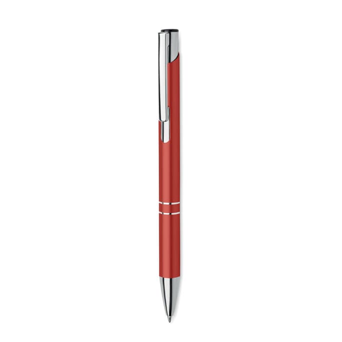 A red pen with a chrome clip and detailing. The pen features a sleek design and a shiny finish.