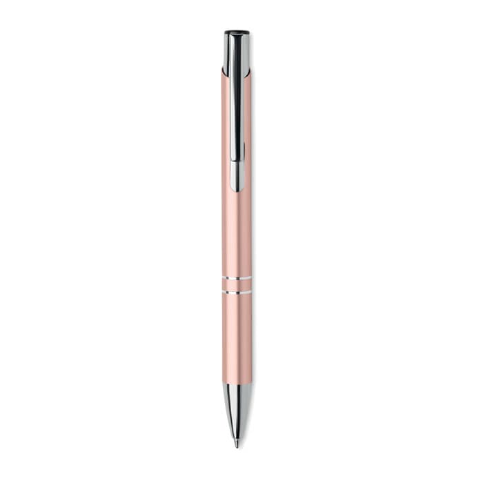 A pink metal pen with a shiny chrome clip and accents, featuring a smooth barrel design. It has a branding logo.