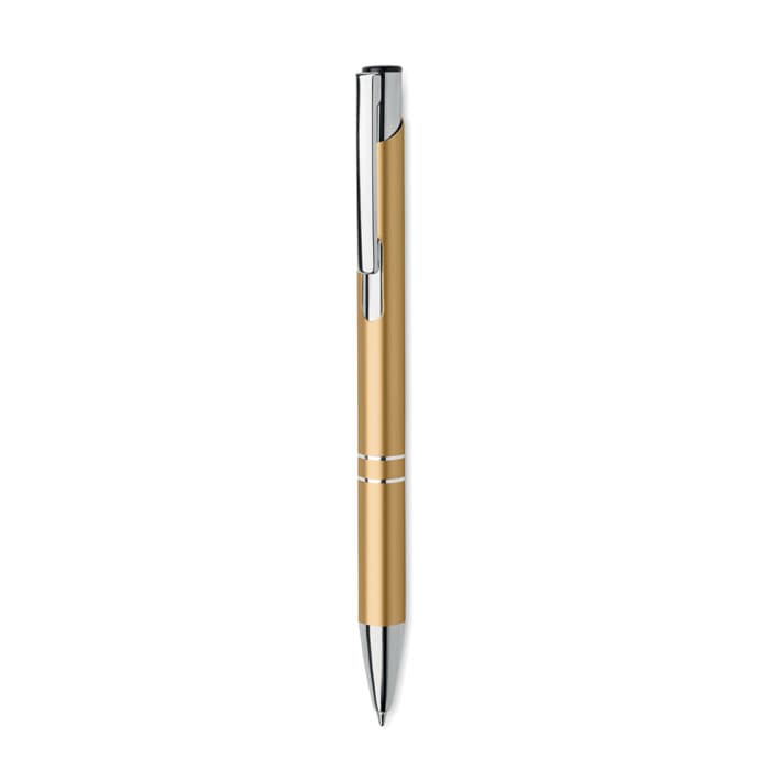 A gold pen with chrome accents and a sleek design, featuring a clip and two decorative lines.