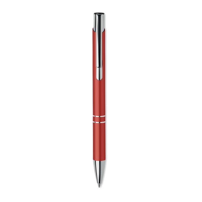 A red pen with a shiny silver tip and detailing, featuring a sleek design and a clip.