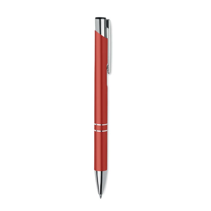A red pen with silver accents, featuring a sleek design and a clip for easy attachment.
