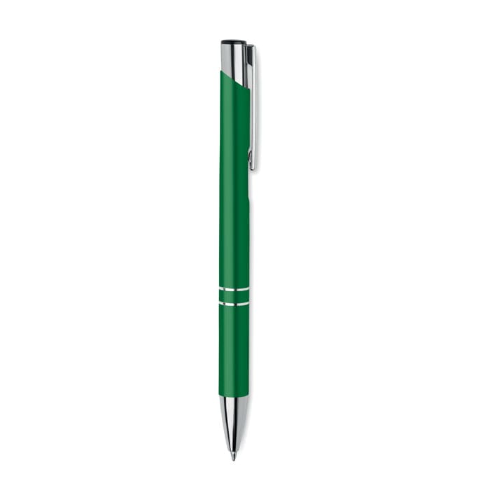 A green pen with a chrome clip and two white stripes near the nib, featuring a logo on the barrel.