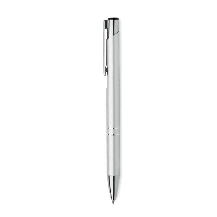 A silver pen with a chrome clip and detailing, featuring a sleek design and smooth finish.
