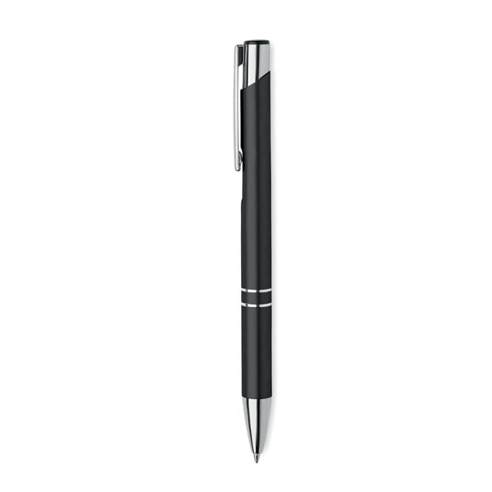 A black pen with a sleek design, featuring chrome accents and a streamlined clip. It has two white stripes near the bottom.
