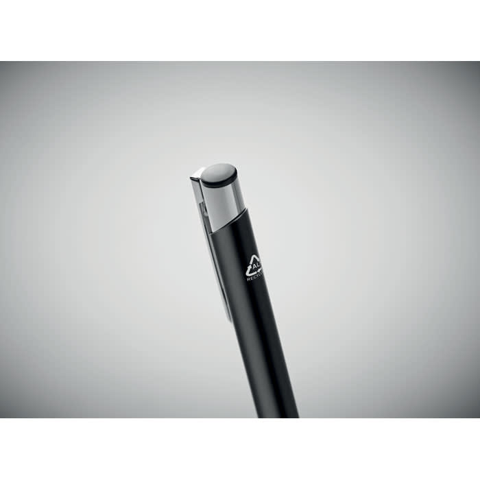 A sleek black pen with a silver clip and a logo near the top.
