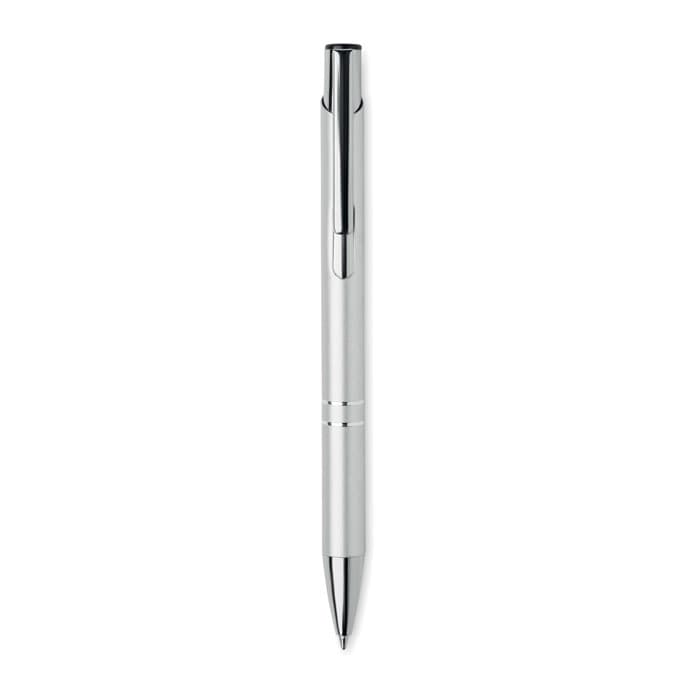 A pen with a sleek silver design and chrome accents, featuring a clip and a smooth writing tip.