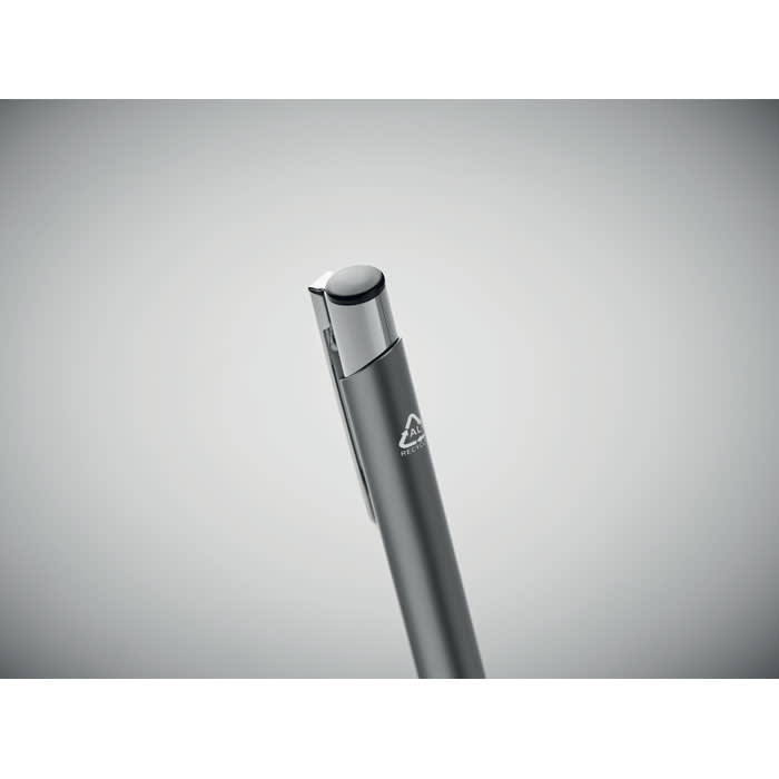 A grey pen with a shiny silver clip and a logo on the side, positioned against a neutral background.