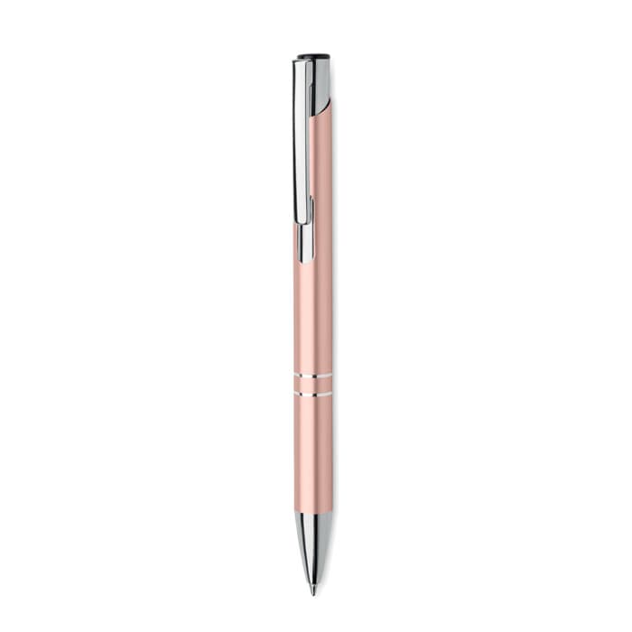 A pen with a sleek pink barrel and chrome accents, featuring a click mechanism and a branding logo.