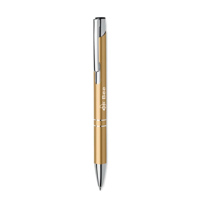 A gold and silver pen with a sleek design and a branding logo on the barrel.