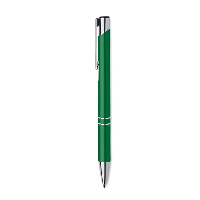 A green pen with silver accents and a logo on the barrel.