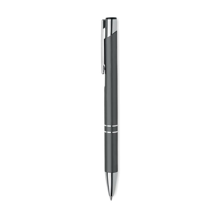 A pen with a sleek grey body and chrome accents, featuring a clip and a retractable tip.