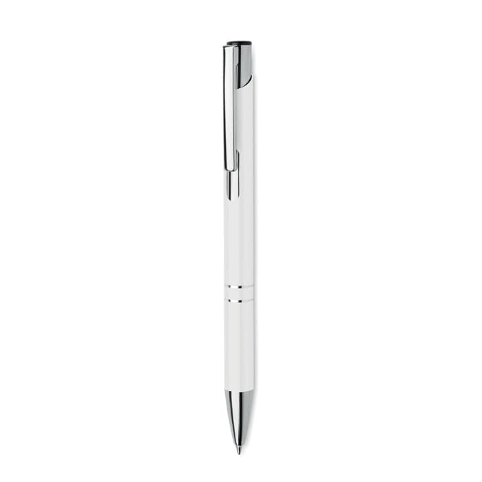 A pen with a sleek white body and chrome accents, featuring a pocket clip and a shiny finish.