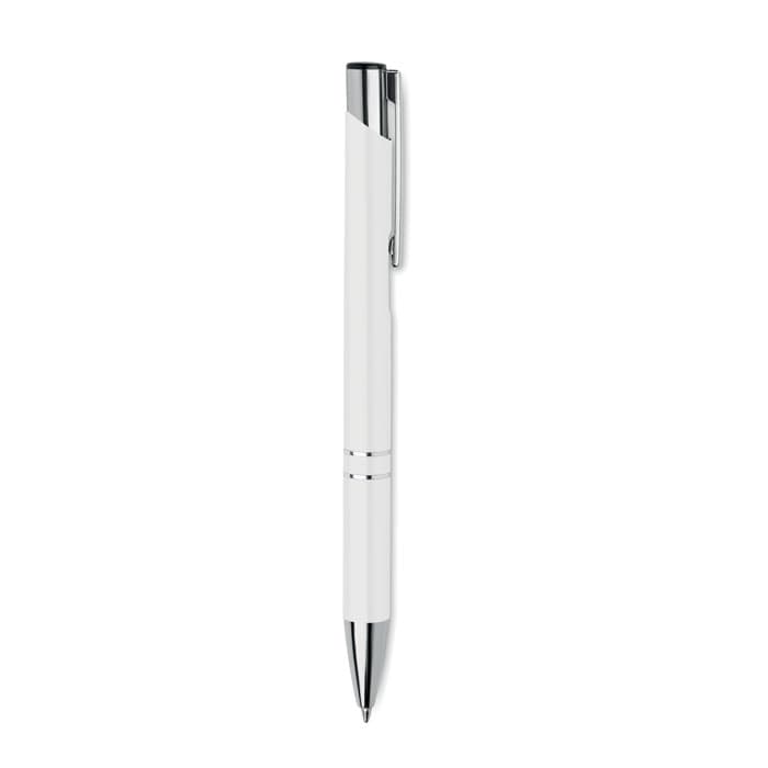 A white pen with a chrome accent and a clip, featuring a smooth barrel design.