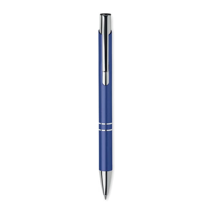 A blue pen with a shiny chrome clip and accents. It has a sleek, modern design.