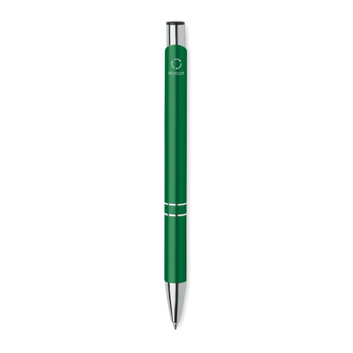 A green pen with silver accents, featuring a branding logo.