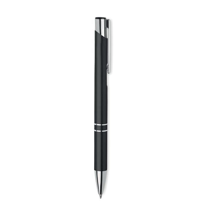 A black pen with silver accents and a clip. The pen features a sleek design and is capped at the top.