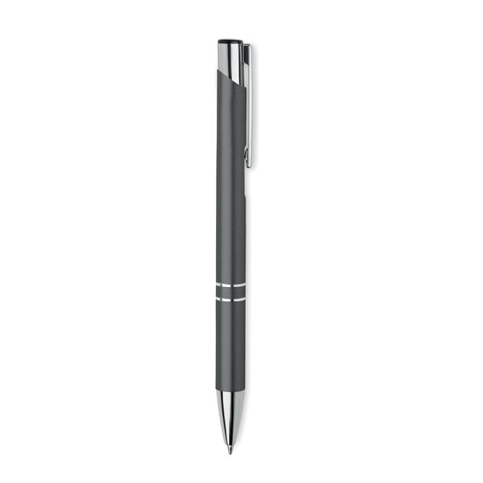A grey pen with a sleek design and chrome accents, featuring a clip and two decorative lines.