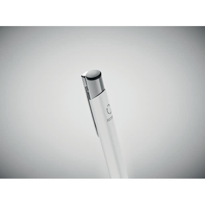 A pen with a sleek white body and a black cap, featuring a logo on its side.