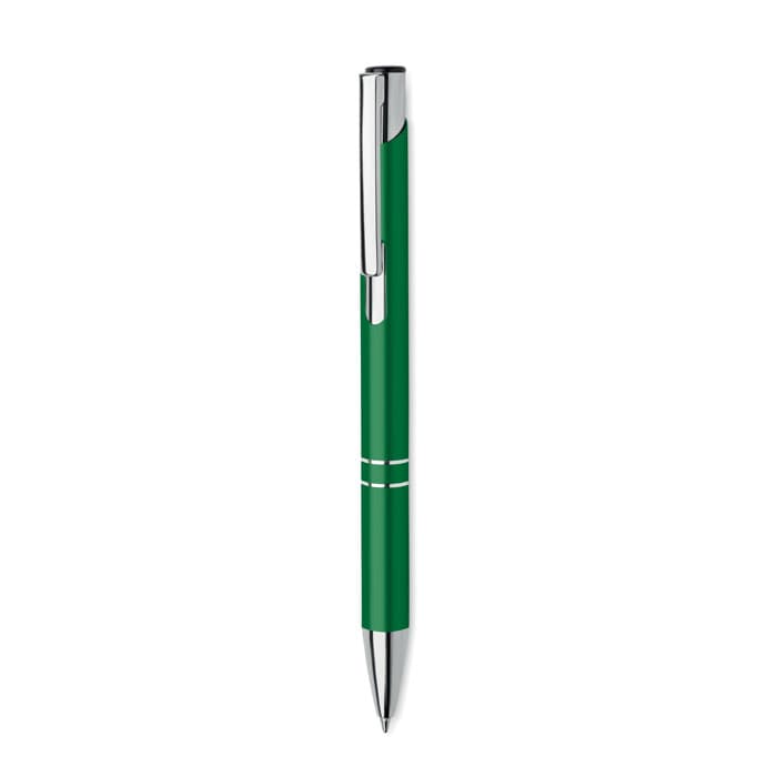 A green pen with a sleek design and silver accents, featuring a clip and two white stripes.