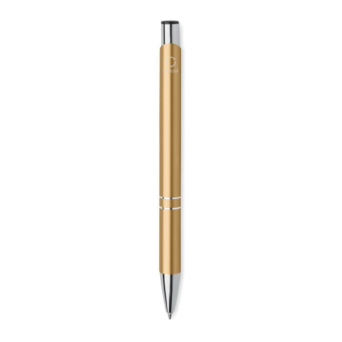A gold pen with a sleek design and chrome accents, featuring a logo.