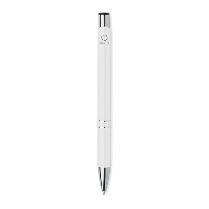 A pen in white with a silver clip and accents, featuring a logo on the upper part.