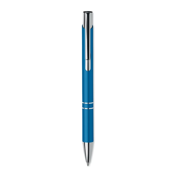 A blue pen with a silver clip and accents, featuring a sleek, modern design. It includes a logo on the barrel.