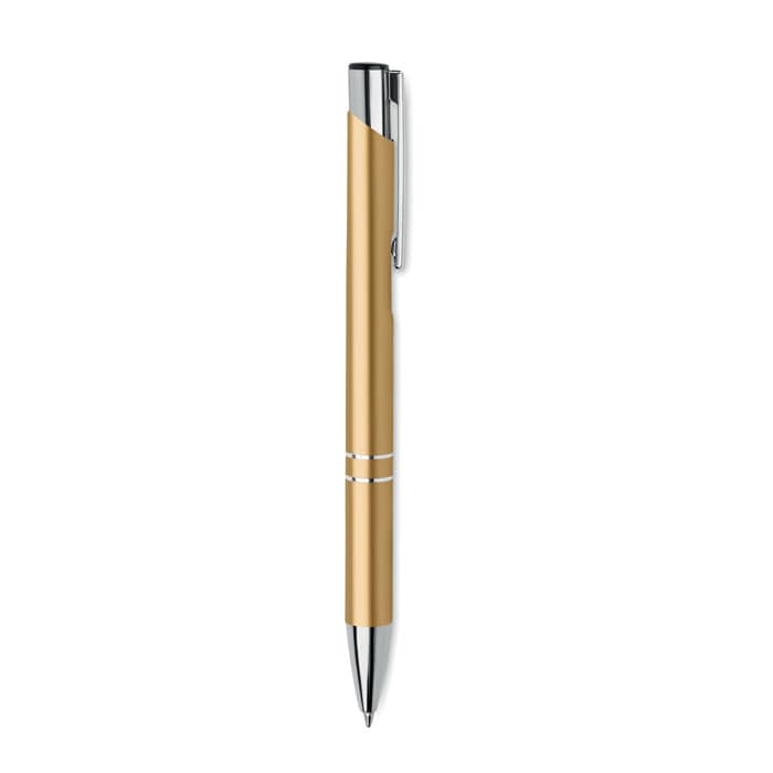 A gold pen with a sleek design and chrome accents, featuring a logo on its body.