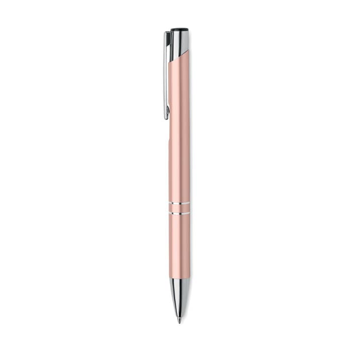 A pen with a pink body and silver accents, featuring a clip and a sleek design.