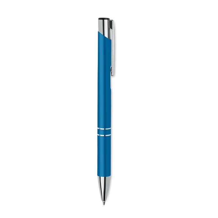A blue pen with chrome accents and a sleek design, featuring a logo on the barrel.