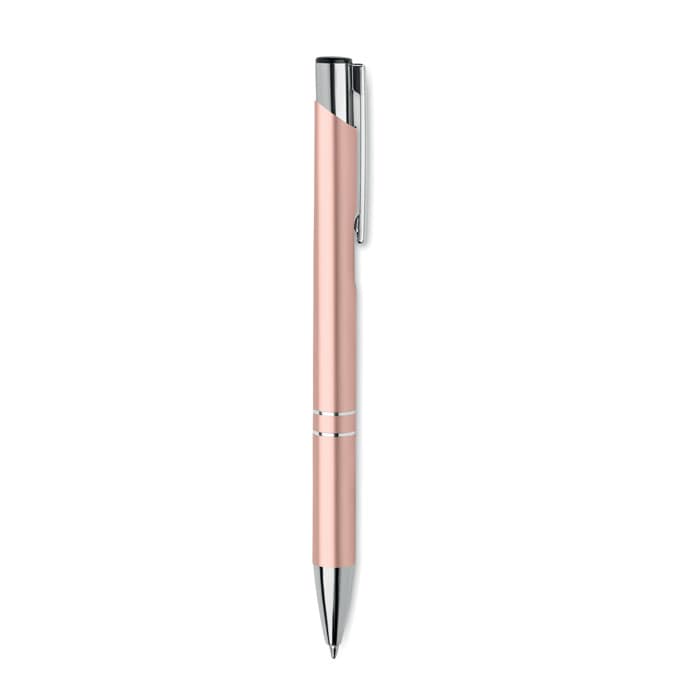 A pen with a sleek, rose gold barrel and a chrome tip, featuring a clip for easy attachment.