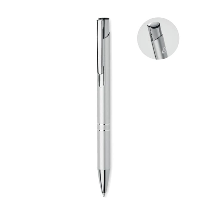 A silver pen with a shiny finish and a click mechanism at the top. Features a simple design.