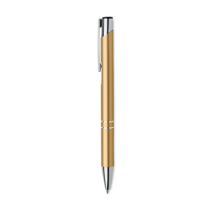 A gold and silver pen with a sleek design and a chrome clip. It features two subtle silver rings on the barrel.