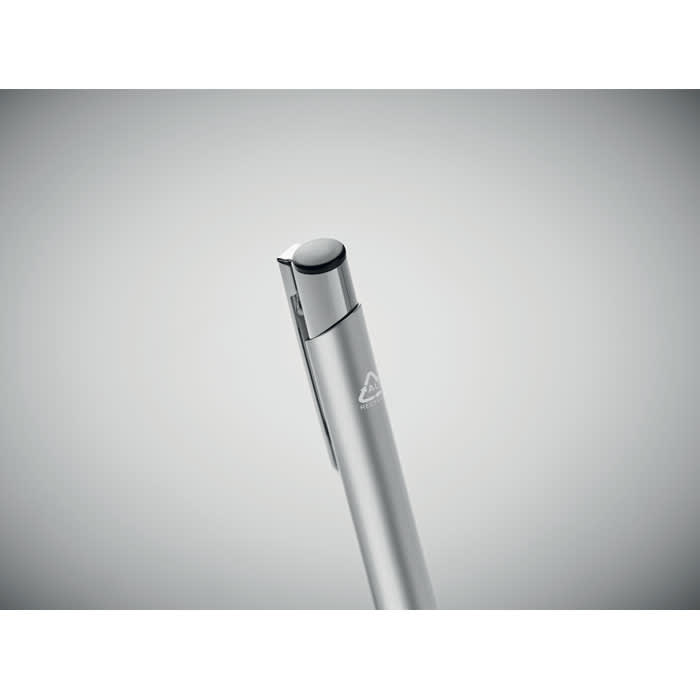 A pen with a sleek silver design and a black accent at the top, featuring a logo.
