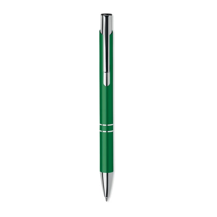 A green pen with a shiny silver clip and decorative lines, featuring a sleek design.