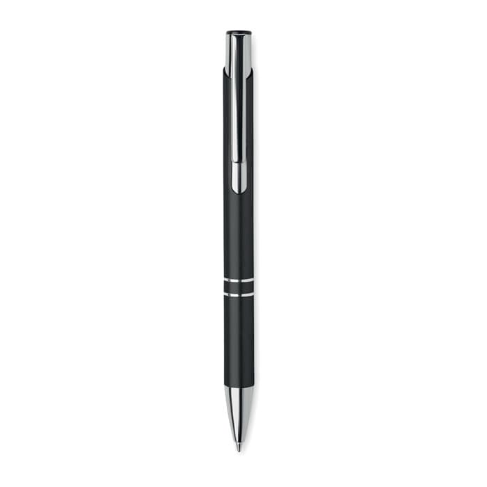 A black pen with chrome accents and a sleek, modern design. It features a clip and a smooth writing tip.