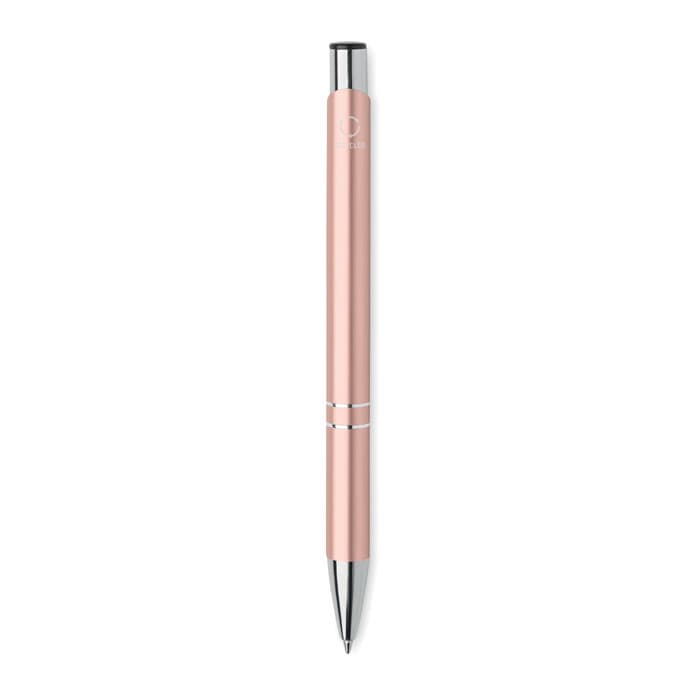 A pink pen with a sleek design and a silver accent, featuring a logo on the body.