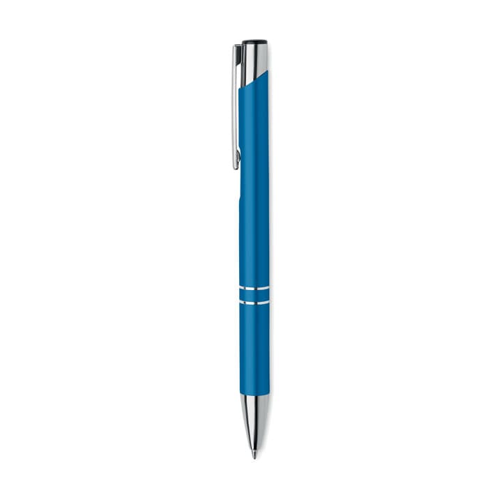 A blue pen with a chrome clip and two white stripes on the body, featuring a logo.