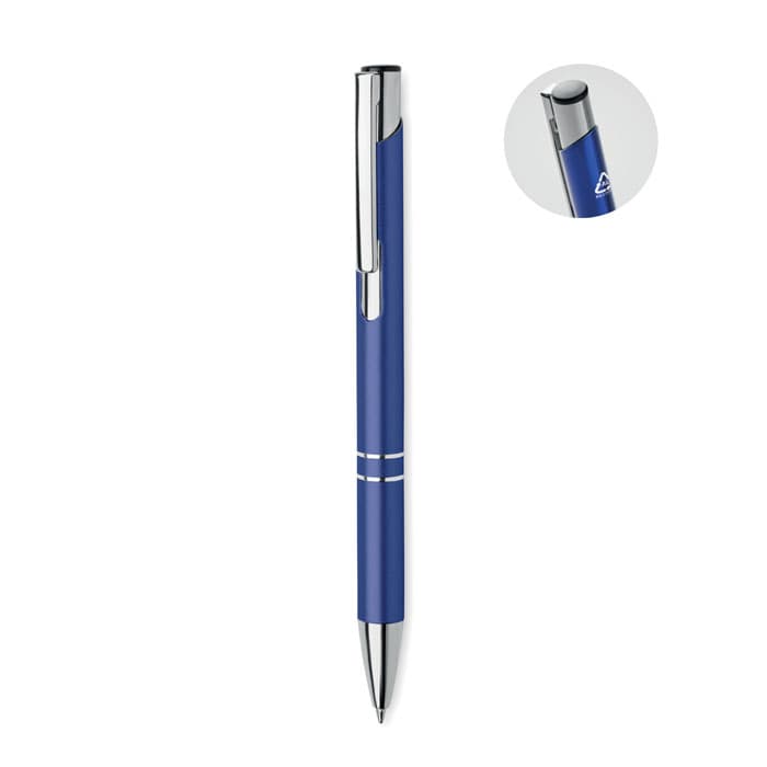 A blue pen with a silver clip and details, featuring a rounded top and a sleek design.