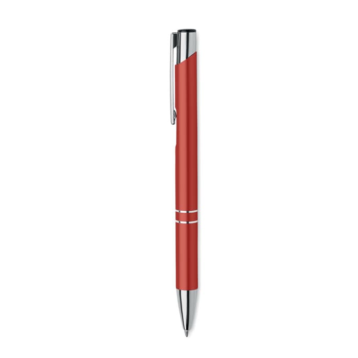 A red pen with a chrome clip and decorative silver bands has a sleek, modern design.