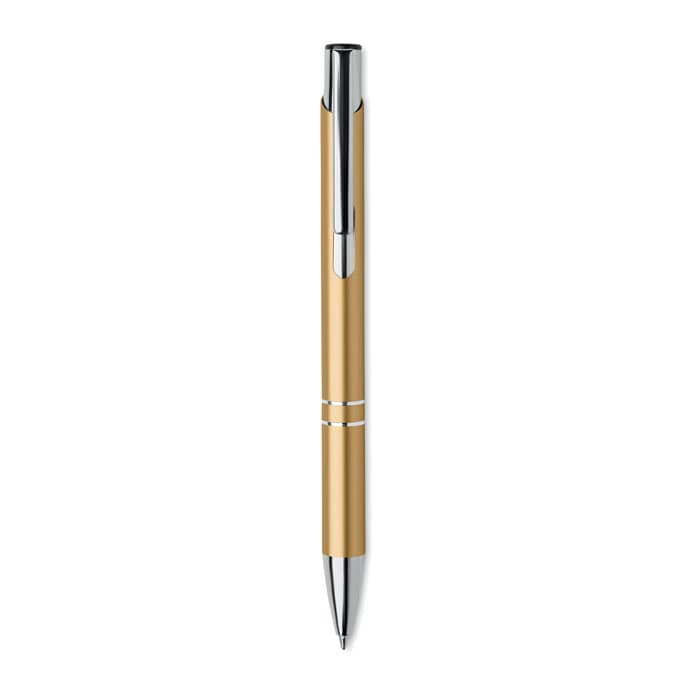 A gold and silver pen with a sleek design and chrome accents, featuring a clip for easy carrying.