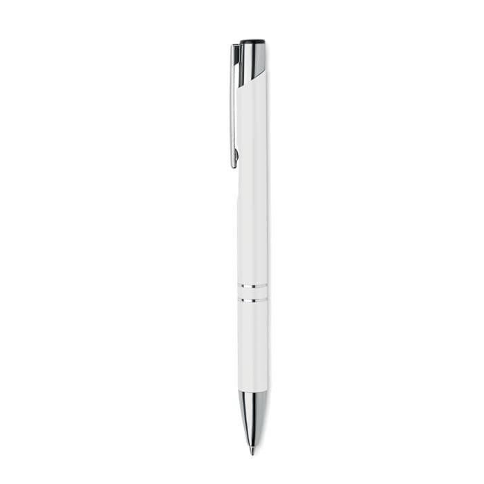 A pen with a white body and chrome accents, featuring a metal clip and a smooth writing tip.