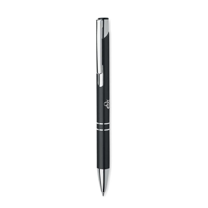 A black pen with a shiny silver clip and accents, featuring a logo on the barrel.