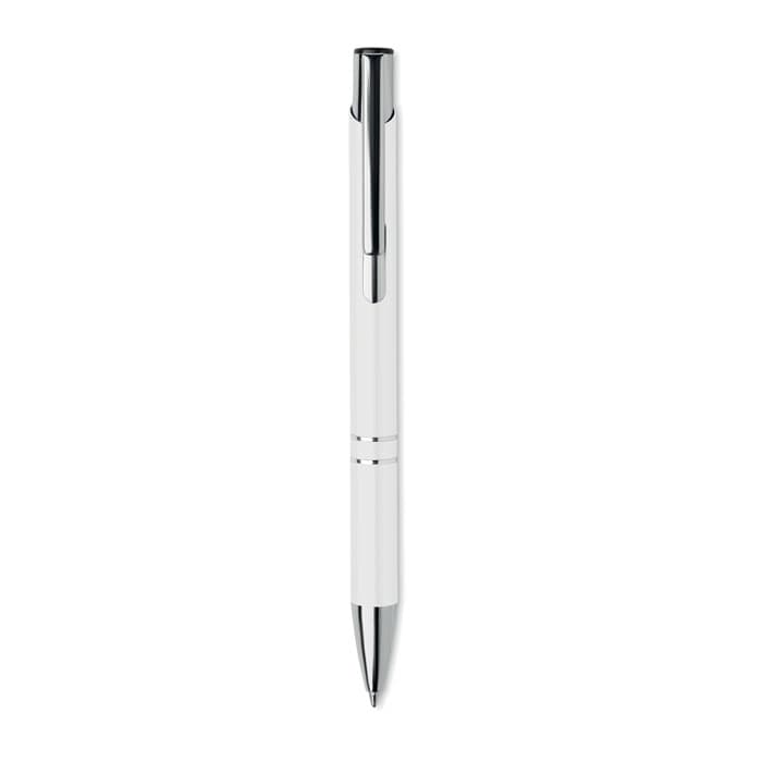 A pen with a sleek white body and chrome accents, featuring a clip for easy attachment.
