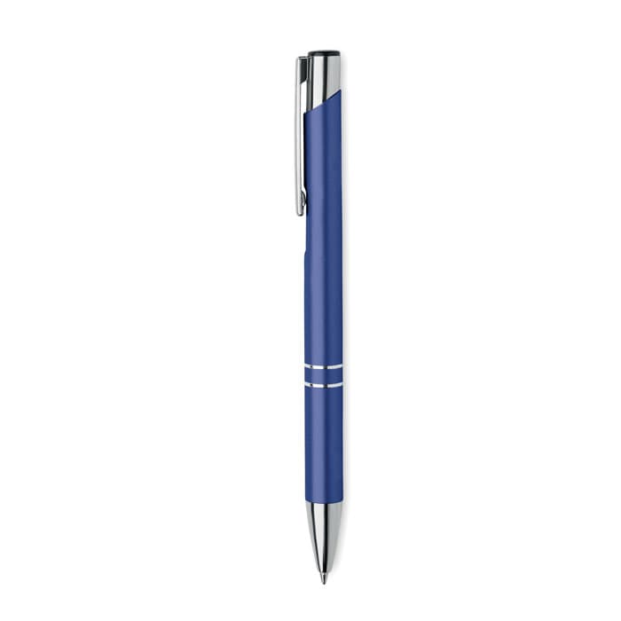 A blue pen with a chrome clip and two decorative silver lines. It features a sleek design and a polished finish.