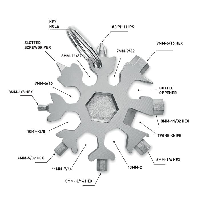 A multi-tool shaped like a snowflake, made of stainless steel, featuring various tool functions including a bottle opener.