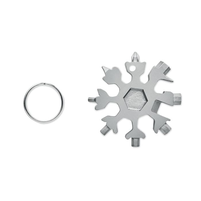 A silver snowflake-shaped multi-tool with various edges and tools, accompanied by a metal keyring.