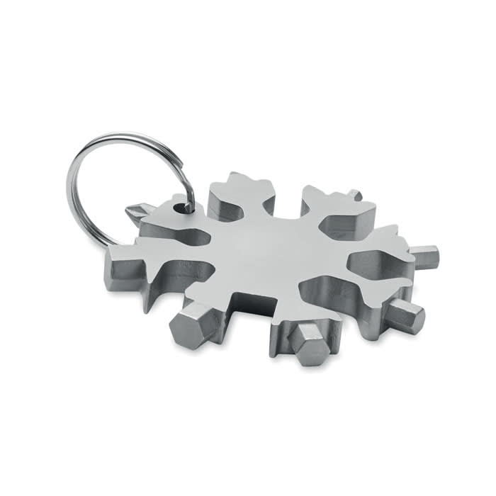 A stainless steel multi-tool shaped like a snowflake, featuring various sized wrench openings and a keyring attachment.